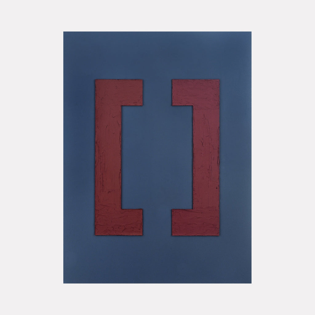 The artwork "Getting There" by Dina AZ Salem features a minimalist composition with two textured, bold red brackets set against a smooth, deep blue background. The abstract geometric shapes and refined color contrast evoke the structured simplicity and contemplative space found in works by Ellsworth Kelly and Josef Albers.