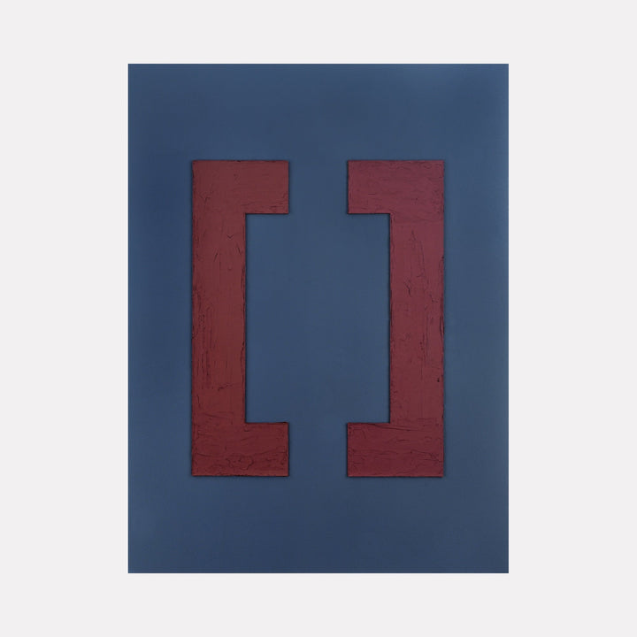 The artwork "Getting There" by Dina AZ Salem features a minimalist composition with two textured, bold red brackets set against a smooth, deep blue background. The abstract geometric shapes and refined color contrast evoke the structured simplicity and contemplative space found in works by Ellsworth Kelly and Josef Albers.
