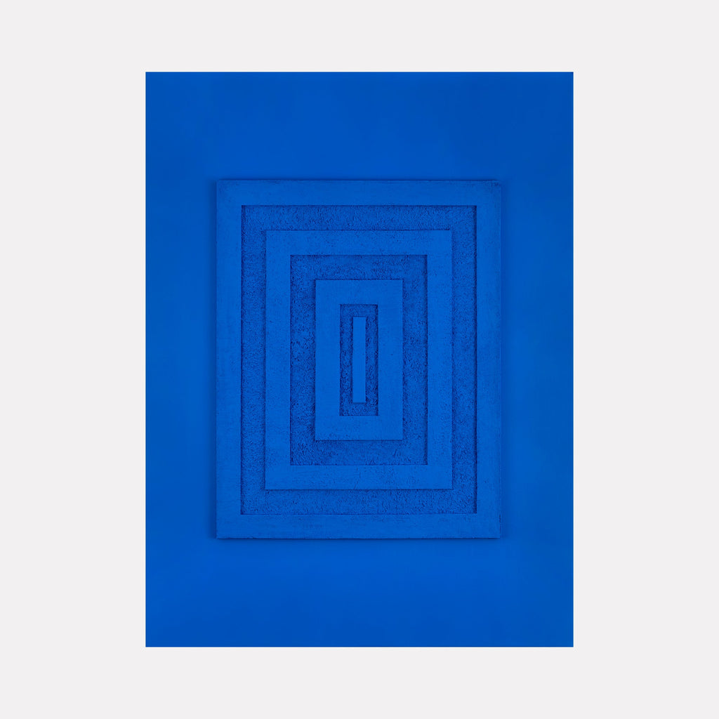 The artwork "B.L.U.E III" by Dina AZ Salem features a layered geometric composition of nested rectangles in varying textures of deep cobalt blue. The monochromatic scheme and precise repetition create a meditative, minimalistic effect reminiscent of Yves Klein’s exploration of blue and Josef Albers’ study of color interaction and form.