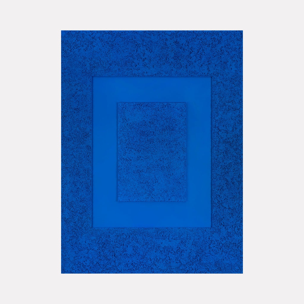 The artwork B.L.U.E II by Dina AZ Salem features a minimalist abstract composition of nested rectangular shapes in varying shades of rich blue. The textured surfaces create depth and contrast between the smooth inner planes and the intricate outer patterns, evoking the meditative color fields of Mark Rothko and the geometric precision of Josef Albers.