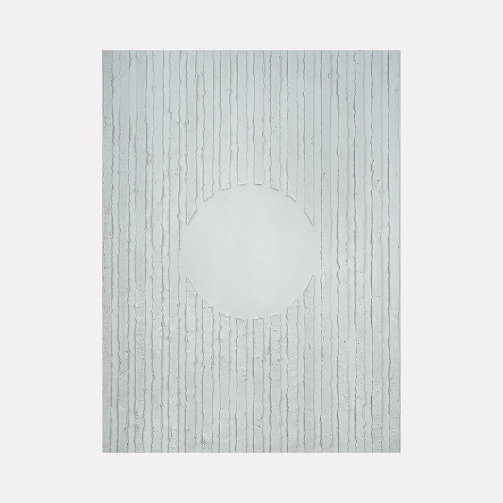 The artwork "Breaking Through" by Dina AZ Salem features a minimalist composition with vertical textured lines in muted gray and off-white tones, converging around a central circular void. The subtle layering and restrained palette evoke the serene abstraction and material focus seen in works by Agnes Martin and Piero Manzoni.