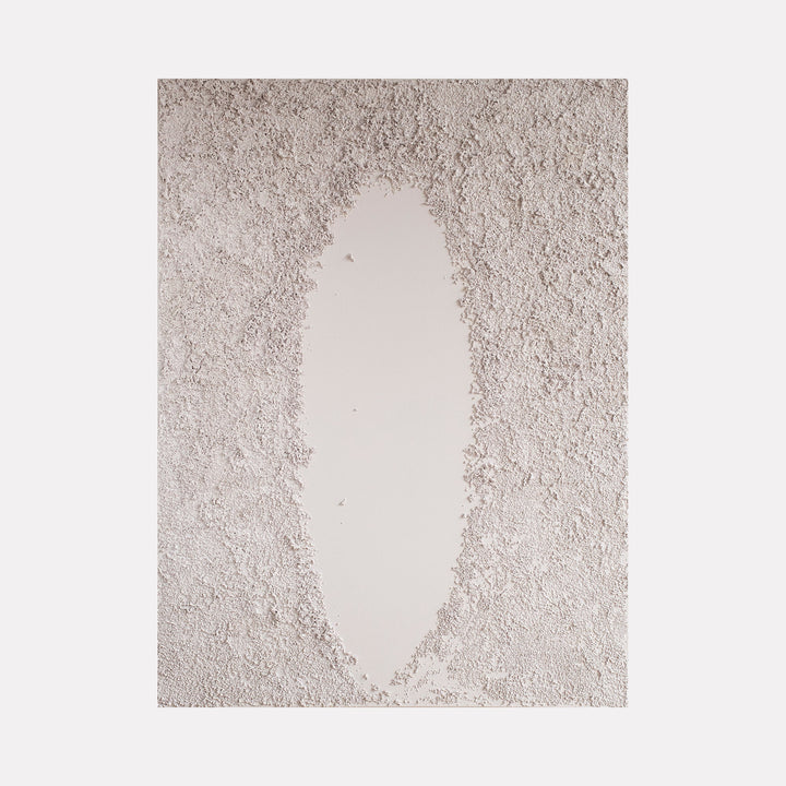 The artwork "/mend/ V" by Dina AZ Salem features an abstract composition with a central elongated oval void surrounded by textured, granular surfaces in muted beige and off-white tones. The organic texture contrasts with the smooth emptiness, evoking minimalism and material exploration reminiscent of artists like Alberto Burri and Eva Hesse.