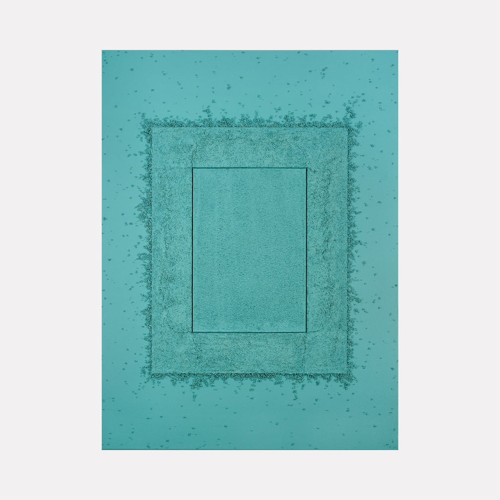 The artwork "Battered but not Beat" by Dina AZ Salem features a minimalist composition of layered rectangular shapes in varying shades of turquoise and teal. The textured surfaces and subtle speckled patterns evoke a worn yet resilient quality, reminiscent of abstract works by Agnes Martin and Mark Rothko’s exploration of color fields and materiality.