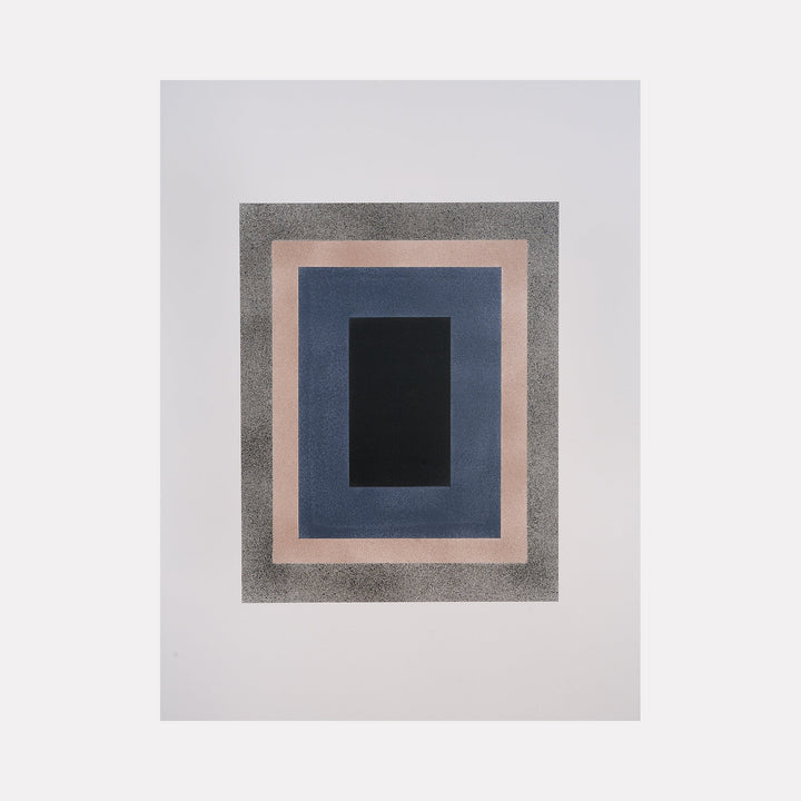 The artwork "Introspective" by Dina AZ Salem features layered rectangular shapes in muted black, deep blue, soft peach, and textured gray tones. The minimalist composition emphasizes geometric simplicity and subtle texture, evoking the refined modernism of Josef Albers and the color field exploration found in Mark Rothko’s work.