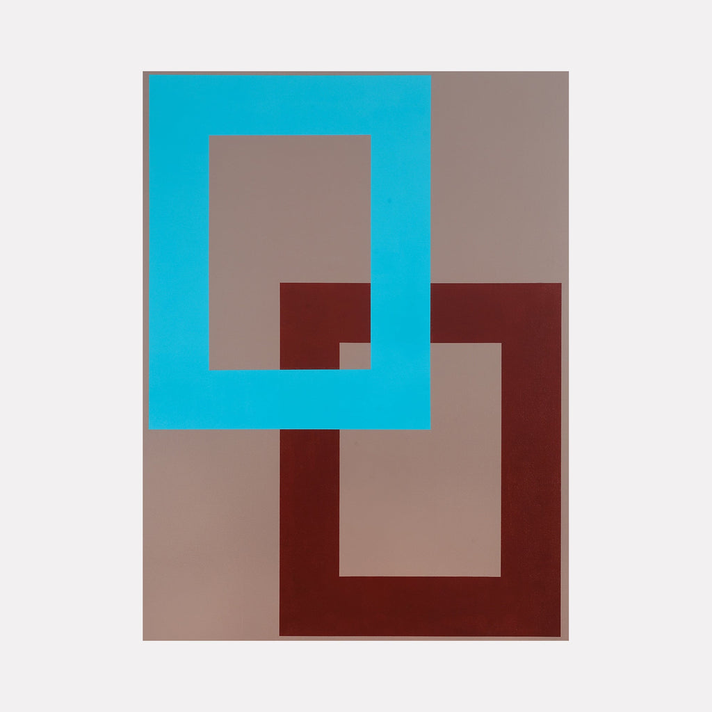 The artwork "Multi-Dimensional" by Dina AZ Salem features two overlapping rectangular frames in vibrant turquoise and deep maroon against a muted taupe background. The clean geometric shapes and flat color planes evoke minimalist abstraction and the bold clarity reminiscent of Josef Albers’ color studies and Ellsworth Kelly’s modernist compositions.