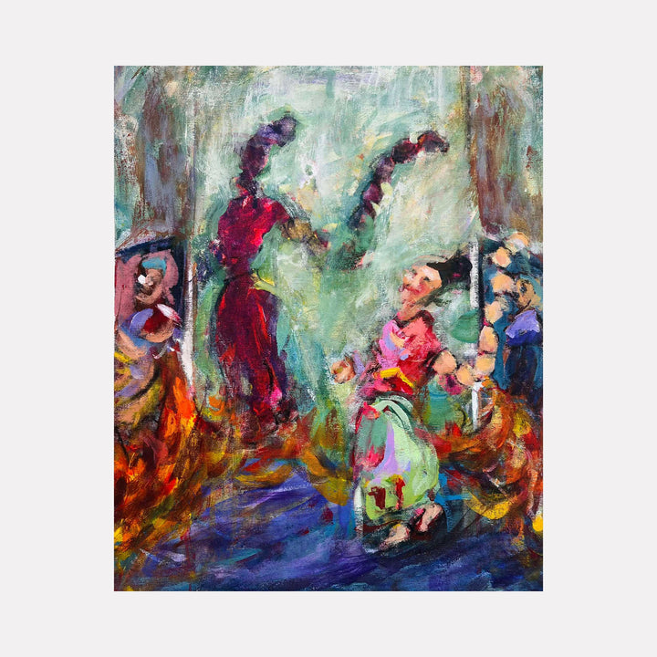 The artwork "Aglaia" by Dionysia Adamopoulou features vibrant expressionist figures rendered with bold, dynamic brushstrokes in fiery reds, deep blues, and soft pastels. The textured composition conveys movement and emotion, reminiscent of works by Chaim Soutine and the intensity found in Egon Schiele’s figurative paintings.