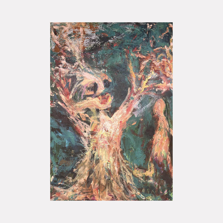The artwork "Anonymous" by Dionysia Adamopoulou features an expressionist depiction of a large tree with twisting, textured branches rendered in earthy tones of pink, ochre, and muted green. The dynamic brushstrokes and layered paint evoke the emotive intensity and organic forms reminiscent of Edvard Munch and early German expressionism.