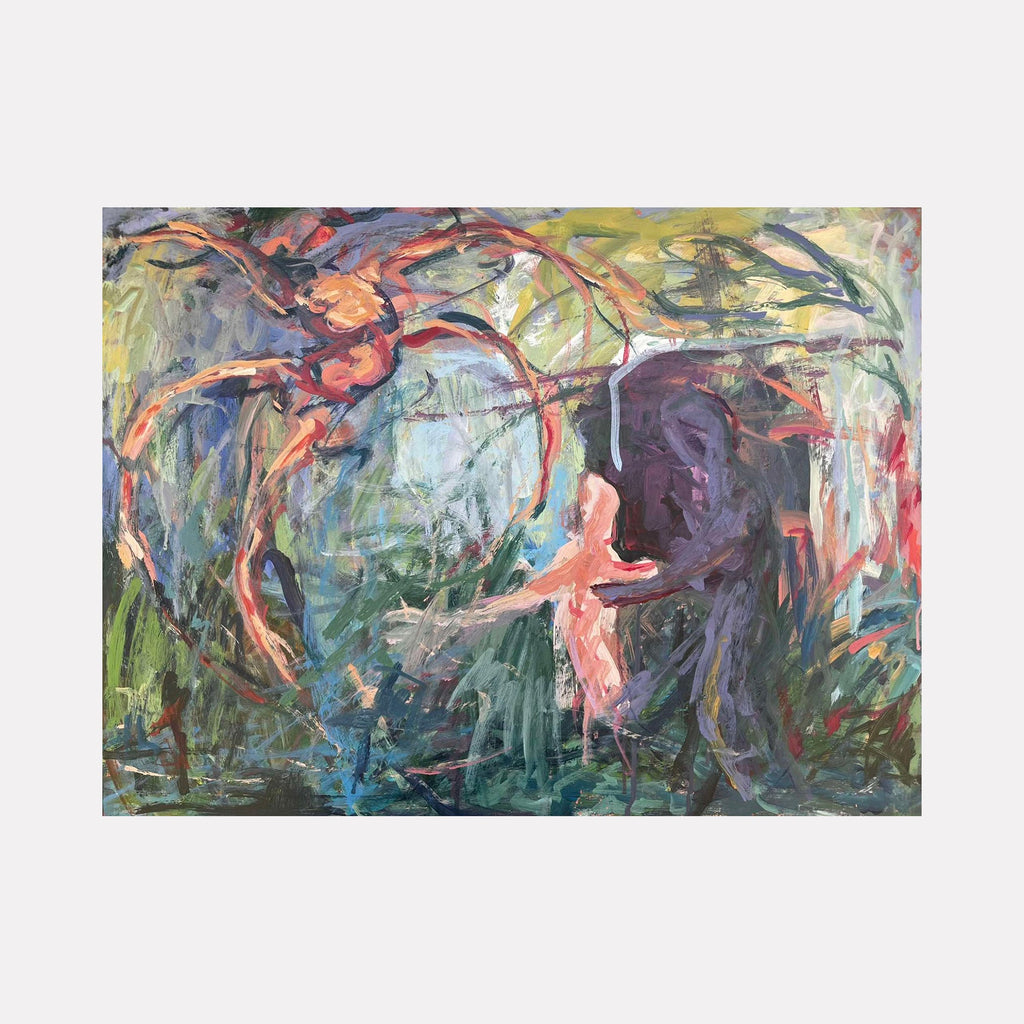 The artwork "Blurred return" by Dionysia Adamopoulou features an expressionist landscape with loosely rendered human-like figures in earthy reds, greens, and deep purples. The dynamic brushstrokes and layered textures evoke the emotive intensity and abstract forms reminiscent of Willem de Kooning and early Francis Bacon portraits.