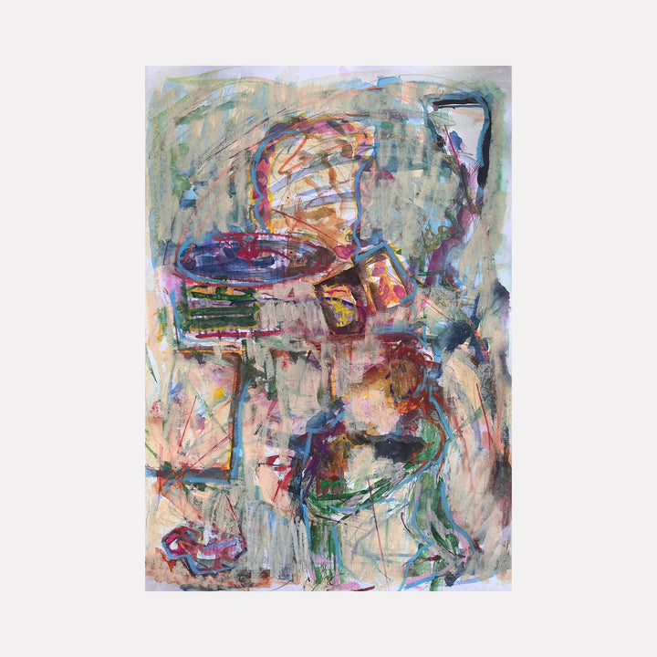 The artwork "Dance with the turntable" features abstract shapes and fluid lines in watercolor, pencil, and pastel on paper, blending soft earth tones with splashes of vibrant reds, blues, and greens. Textures vary from delicate pencil marks to bold pastel strokes, capturing movement and rhythm. By Dionysia Adamopoulou.