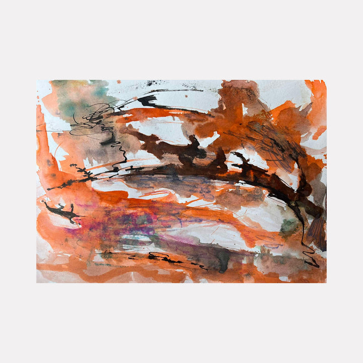 The artwork "Emotional Landscape III" by Dionysia Adamopoulou features an abstract composition with fluid ink brushstrokes in warm shades of orange, brown, and subtle hints of green and purple. The piece showcases dynamic textures and spontaneous black line accents on paper, evoking a sense of movement and emotion through its layered, expressive style.
