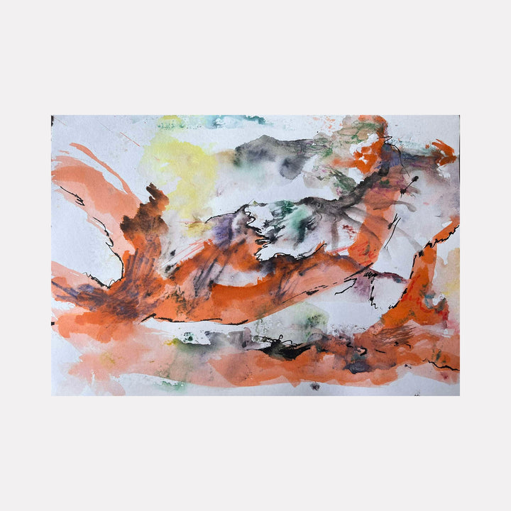 The artwork "Emotional Landscape II" features abstract organic shapes in warm tones of orange and brown, interspersed with soft washes of green, yellow, and gray. The texture appears fluid with layered watercolor effects, blending loosely defined forms in an expressive, dynamic composition. By Dionysia Adamopoulou.