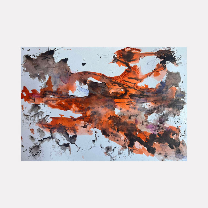 The artwork "Emotional Landscape I" by Dionysia Adamopoulou features an abstract ink on paper composition with fluid, organic shapes in rich orange and deep black tones, contrasted against a pale background. The piece displays dynamic brushstrokes and splatters, evoking a sense of movement and emotional depth. Dionysia Adamopoulou.