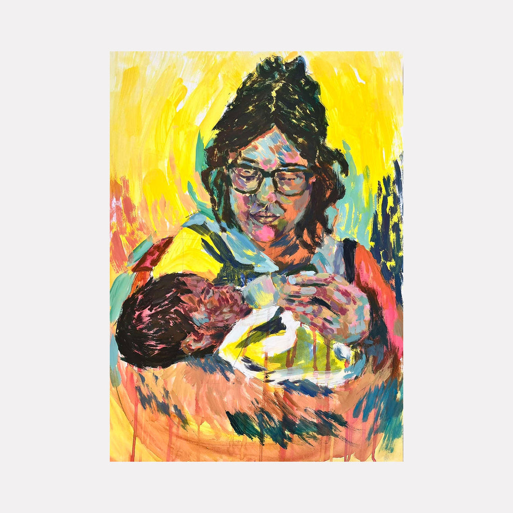 The artwork "I needed help" by Dionysia Adamopoulou depicts an abstract, colorful portrayal of a person holding a child, rendered in vibrant acrylic on paper. The painting features bold brushstrokes with warm yellows, oranges, blues, and reds, emphasizing emotion and texture in a modern expressionist style.