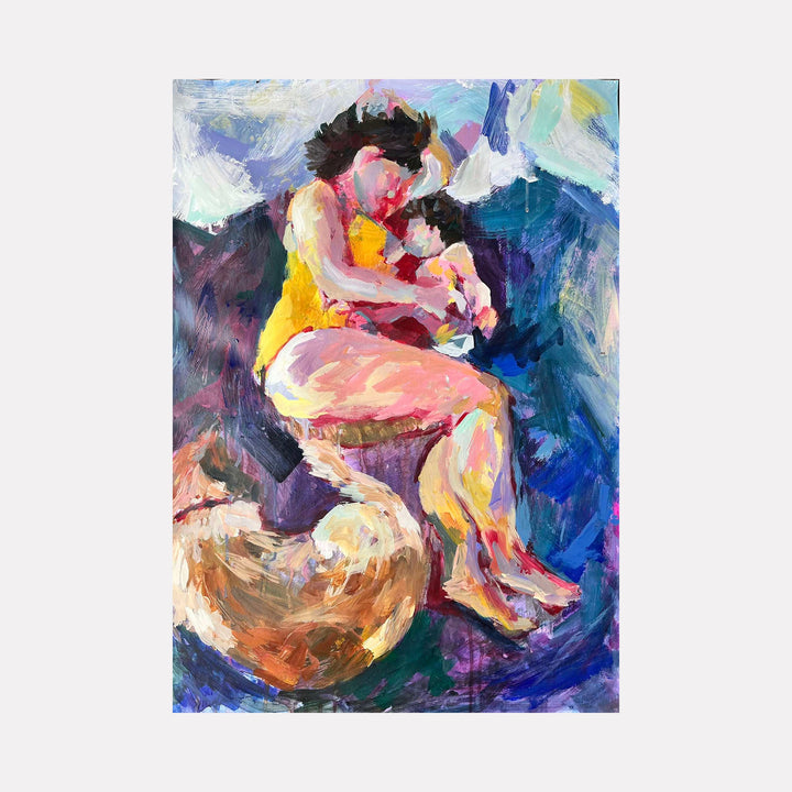 The artwork "I was stuck there" depicts a figure in a curled, fetal position wearing a yellow garment, surrounded by dynamic, textured brushstrokes in blue, purple, pink, and white. The acrylic on paper medium highlights expressive, abstract forms and vibrant color contrasts. By Dionysia Adamopoulou.