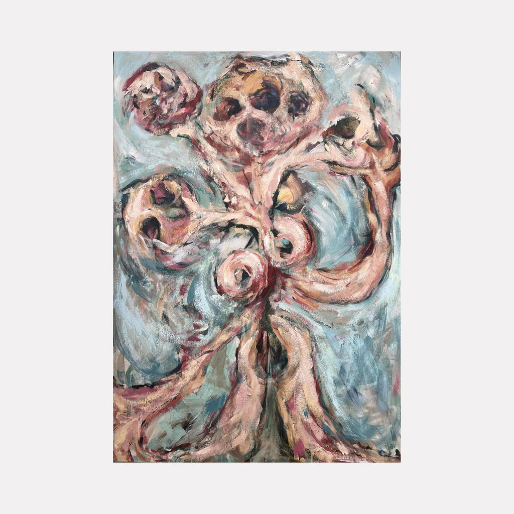 The artwork "Multiplicity" by Dionysia Adamopoulou features an expressionist composition of intertwined, abstracted organic forms in muted pinks and browns against a swirling blue-gray background. The textured brushstrokes and distorted figures evoke the emotive intensity of Edvard Munch and the dynamic abstraction of Willem de Kooning.