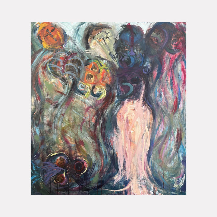 The artwork "Possibly me" by Dionysia Adamopoulou features a large, expressionist composition with swirling, abstract figures in dark greens, blues, and warm reds. Layers of textured brushstrokes create ghostly, distorted faces and forms, evoking the emotional intensity of Edvard Munch and the bold abstraction of Willem de Kooning.