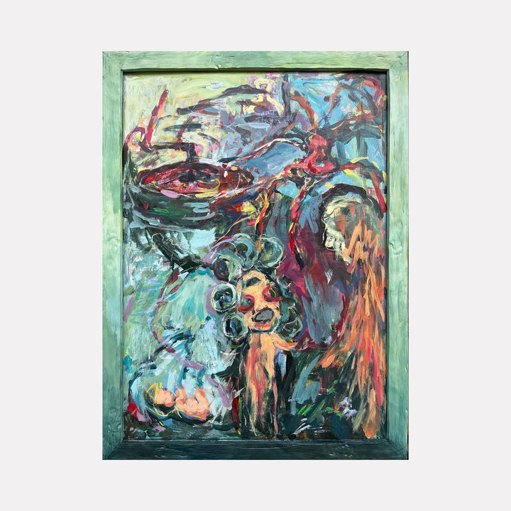 The artwork "Return to the first room" by Dionysia Adamopoulou features an abstract composition with swirling, expressive brushstrokes in deep reds, greens, and blues. The textured layers evoke the emotive intensity of Willem de Kooning and the vibrant abstraction of Joan Mitchell, framed in a muted green border enhancing its dynamic, organic forms.