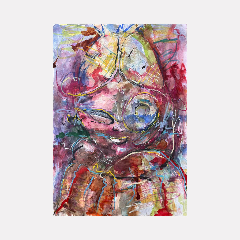 The artwork "Rites of Passage III" features an abstract composition with organic shapes and layered textures in vibrant hues of red, yellow, blue, and purple, blending watercolor and mixed media techniques to create a dynamic, expressive visual. The piece by Dionysia Adamopoulou evokes emotional depth and transformation.