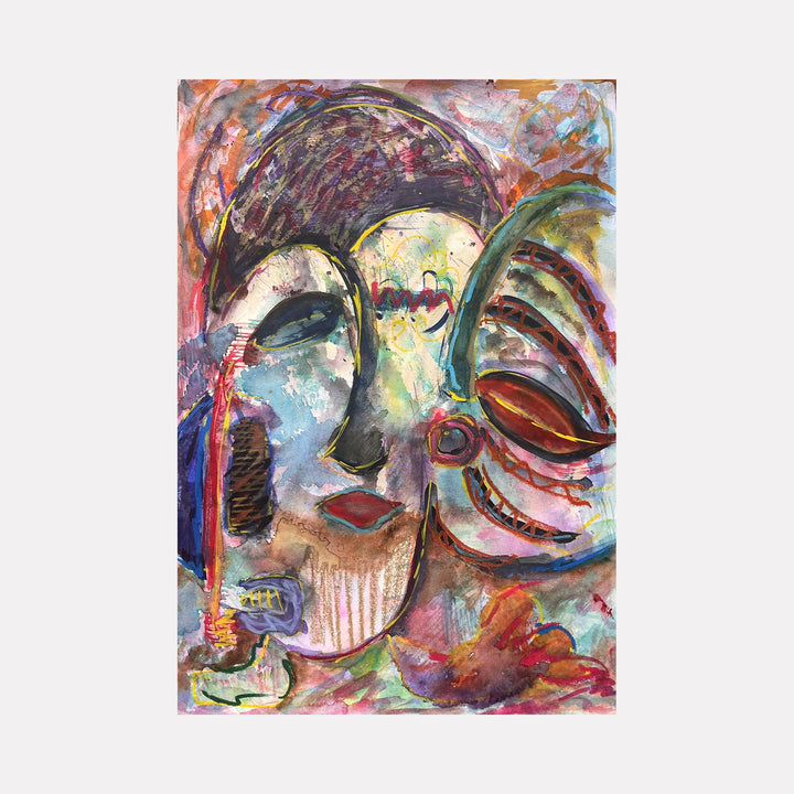 The artwork "Rites of Passage II" by Dionysia Adamopoulou features abstract human faces with bold, overlapping shapes and rich textures created using watercolor, markers, pencil, and pastel on paper. The composition blends warm reds, blues, and earth tones with dynamic brushstrokes and expressive lines, emphasizing emotional depth and cultural symbolism.