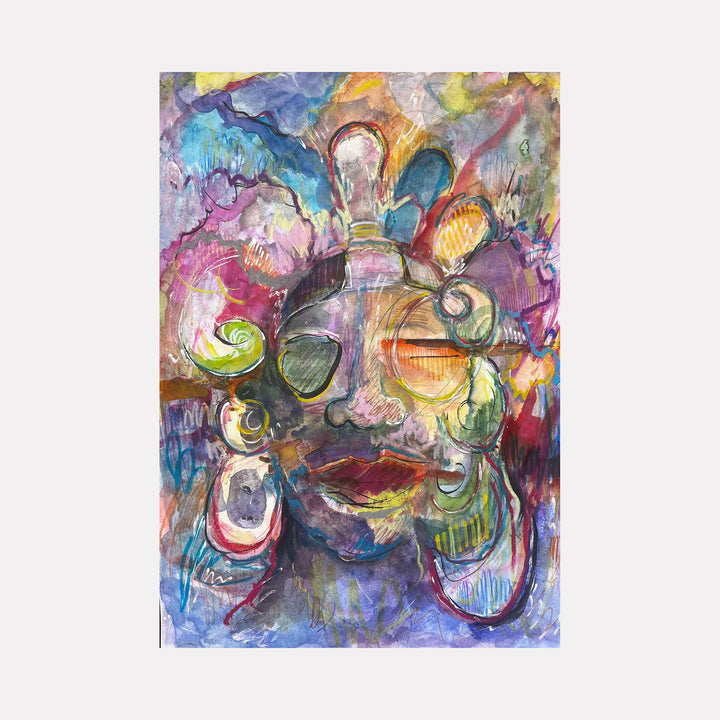 The artwork "Rites of Passage I" by Dionysia Adamopoulou features an abstract portrait with a vibrant mix of colors including purples, blues, yellows, and reds. The piece showcases swirling shapes and textured brushstrokes, highlighting facial features through layered, expressive lines and varied patterns, creating a dynamic and emotive composition.