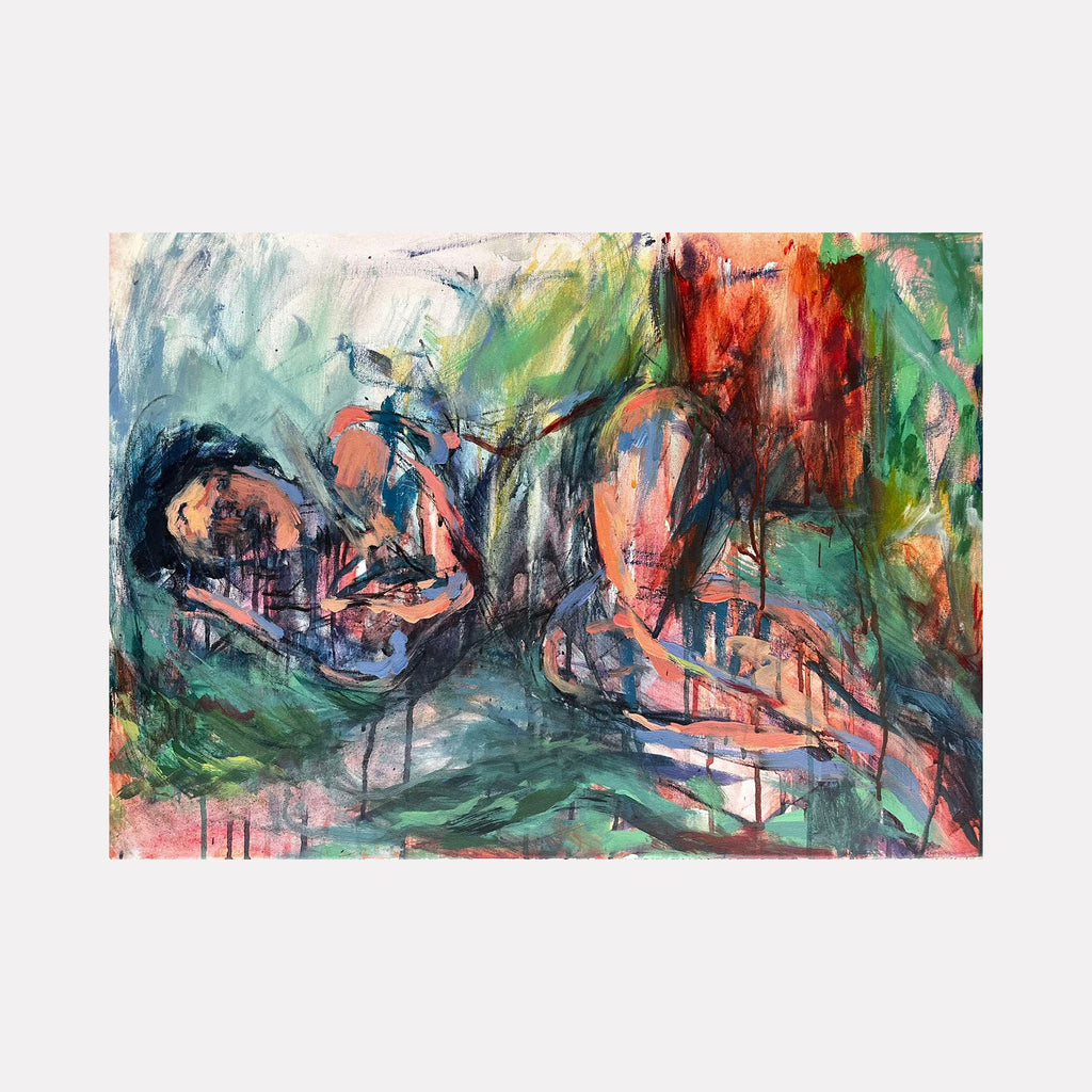 The artwork "The body remembers" depicts two abstract, reclining human figures painted with expressive brushstrokes in a mix of muted blues, greens, reds, and oranges. The textured background blends organic shapes and dynamic, flowing lines that evoke emotion and memory. Created by Dionysia Adamopoulou.