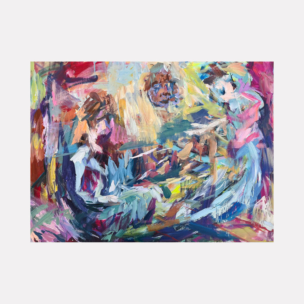 The artwork "The cave of self" by Dionysia Adamopoulou features an expressive, abstract composition with bold brushstrokes in vibrant blues, pinks, yellows, and reds. The dynamic layering and textured surfaces evoke the emotional intensity and movement found in works by Willem de Kooning and early German Expressionists.