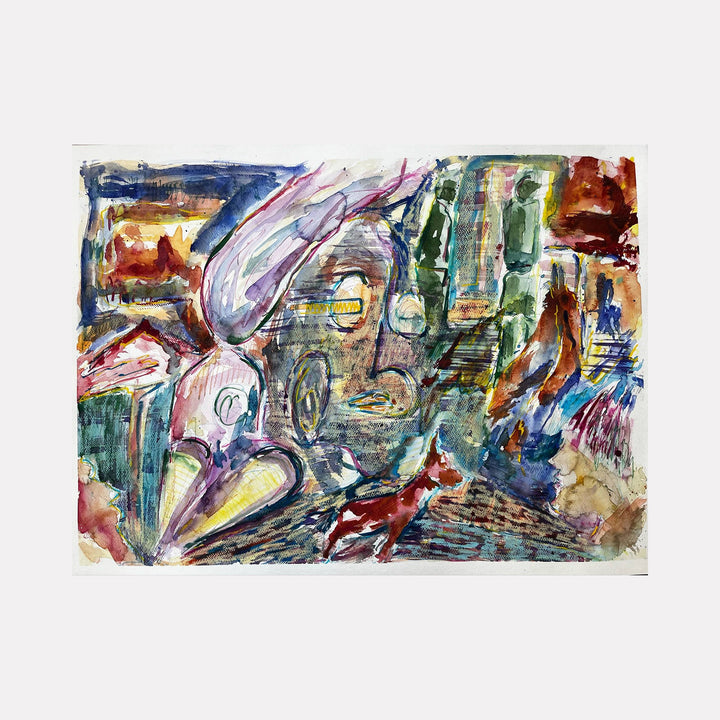 The artwork "Things I don't remember" features an abstract composition with loose, expressive brushstrokes in a mix of muted and vibrant colors including blues, reds, greens, and yellows. The piece incorporates distorted shapes resembling faces and animals, creating a textured, dreamlike atmosphere. By Dionysia Adamopoulou.