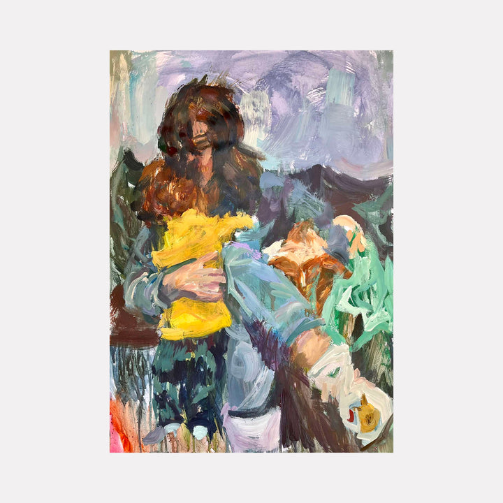 The artwork "You surrounded me with love" by Dionysia Adamopoulou depicts an expressive, impressionistic painting of two figures embracing, one wearing a bright yellow top, set against a moody, textured background of blues, purples, and greens with loose brushstrokes conveying warmth and connection. Dionysia Adamopoulou