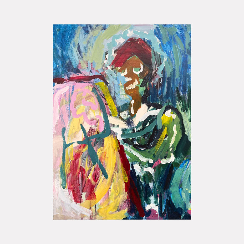 The artwork "Zombie" by Dionysia Adamopoulou features an expressionist composition with bold, gestural brushstrokes in vivid blues, greens, reds, and yellows. The abstracted figure, with fragmented facial features and dynamic layering, evokes the emotional intensity of Jean-Michel Basquiat and the raw spontaneity of Willem de Kooning’s portraiture.