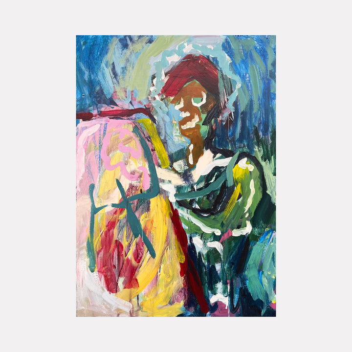 The artwork "Zombie" by Dionysia Adamopoulou features an expressionist composition with bold, gestural brushstrokes in vivid blues, greens, reds, and yellows. The abstracted figure, with fragmented facial features and dynamic layering, evokes the emotional intensity of Jean-Michel Basquiat and the raw spontaneity of Willem de Kooning’s portraiture.