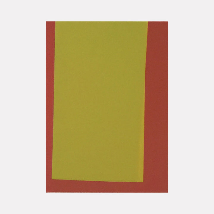 Gravitas I by Shyun Song: Abstract oil painting featuring bold chartreuse rectangle centered on rust-colored background, minimalist style
