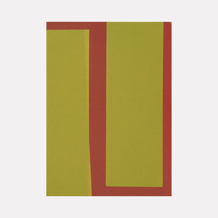 Gravitas II by Shyun Song: Abstract minimalist oil painting featuring bold geometric shapes in olive green and terracotta red, diptych composition