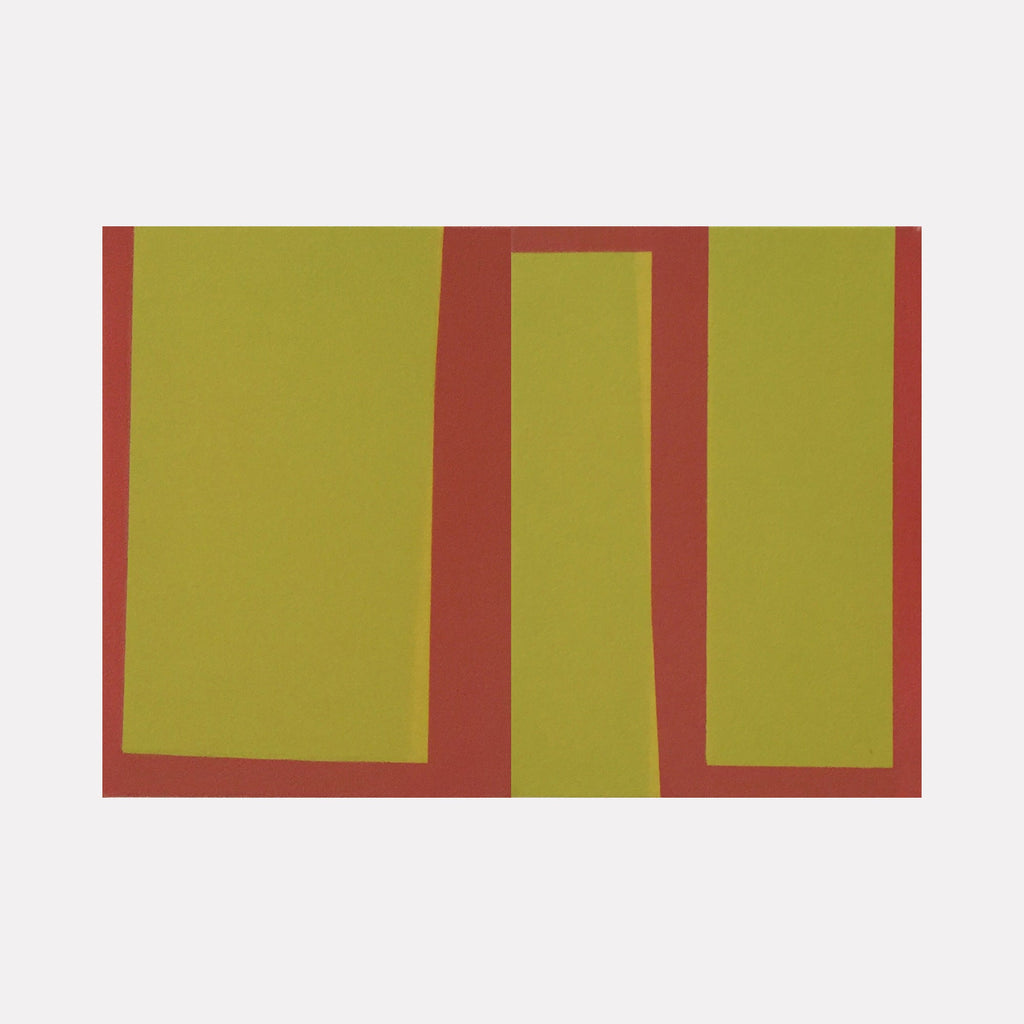 Diptych Gravitas by Shyun Song: Abstract minimalist oil painting featuring vertical chartreuse rectangles bordered by rusty red bands on white