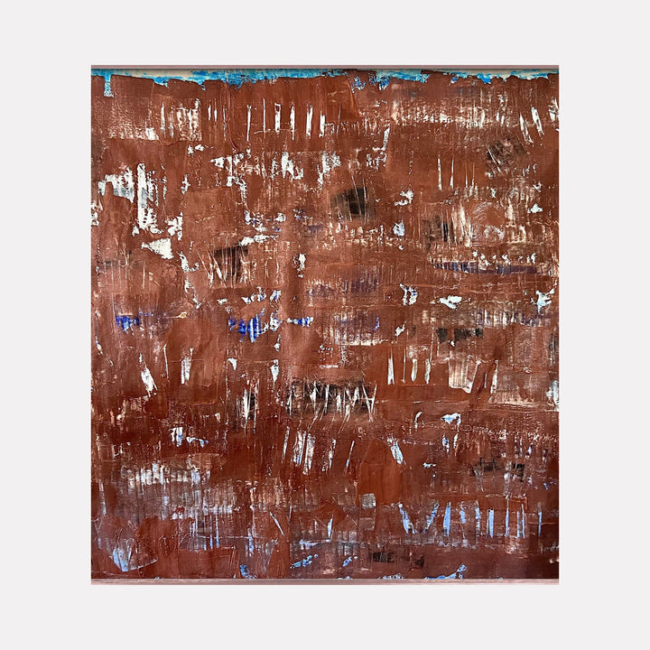 The artwork "Directions to Earth 1" by Albion Vu features a textured abstract composition dominated by warm rusty brown tones interspersed with streaks of white and hints of blue. The layered paint creates a distressed, weathered effect reminiscent of the textural complexity found in works by Gerhard Richter or Mark Rothko, evoking a contemplative atmosphere.