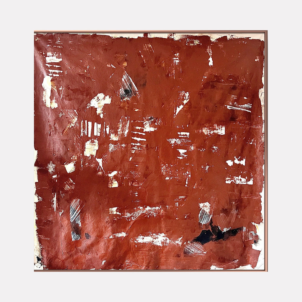 The artwork "Directions to Earth 2" by Albion Vu features an abstract composition dominated by rich, earthy red tones with textured layers of paint. White and black accents punctuate the canvas with a raw, expressive style reminiscent of artists like Antoni Tàpies and abstract expressionism, conveying a sense of depth and organic movement.