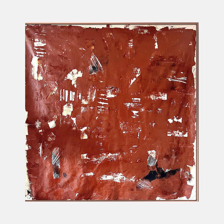 The artwork "Directions to Earth 2" by Albion Vu features an abstract composition dominated by rich, earthy red tones with textured layers of paint. White and black accents punctuate the canvas with a raw, expressive style reminiscent of artists like Antoni Tàpies and abstract expressionism, conveying a sense of depth and organic movement.