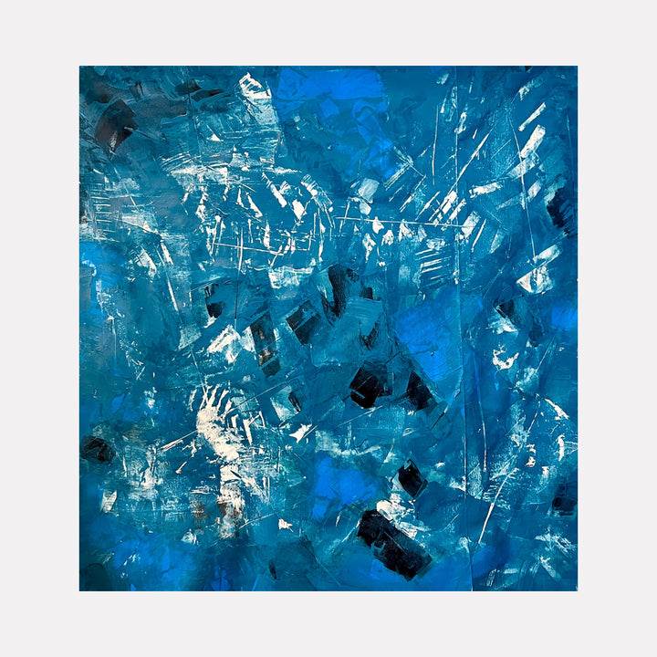 The artwork "Directions to Earth 5" by Albion Vu features an abstract composition dominated by varying shades of blue, accented with white and black textured strokes. The piece showcases dynamic brushwork and layered textures reminiscent of abstract expressionism, evoking the energetic spontaneity of artists like Jackson Pollock and Willem de Kooning.
