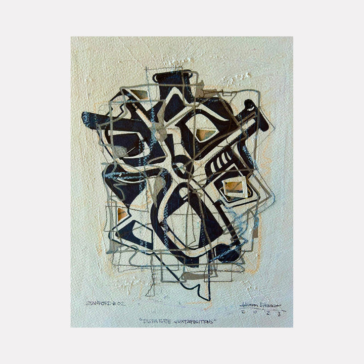 The artwork 'Disparate Juxtaposition' by Jose Johann Bitancor features abstract geometric shapes in black and white, with subtle blue accents. Bold pen strokes and delicate ink lines create an intricate composition on textured paper, enhanced by soft pastel touches. Angular forms intersect and overlap, creating dynamic movement across the 9x11 inch surface.