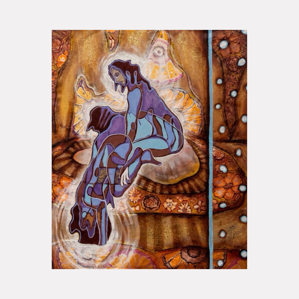 The artwork "Diving Into My Narcissism (And Everything Else I Can't See)" depicts a layered, abstract human figure in shades of blue and purple, seated and reflected in water with rippling effects. The background features warm earth tones, textured patterns, and floral motifs with a vertical column of white circles. Created by Laurie Shapiro.