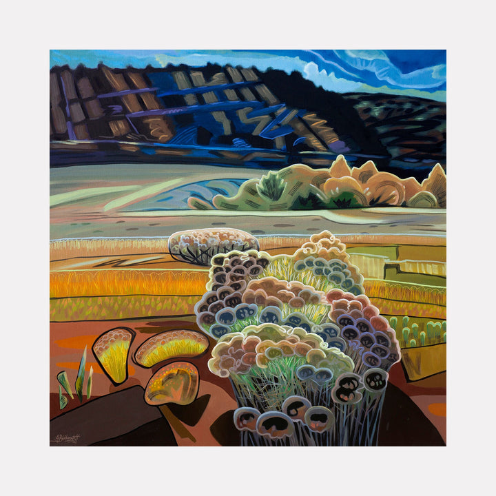 The artwork "Dixon Meadow #2" by Gina Blickenstaff in gallery position 1 depicts an abstracted Colorado landscape with layered forms of bushes and rocky hills rendered in warm earth tones, cool blues, and greens. The bold, graphic shapes and textured brushwork evoke the stylized landscapes of David Hockney and the organic abstraction of Georgia O’Keeffe.