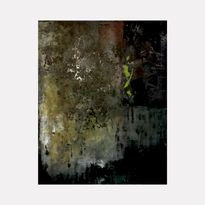 Dordogne II by Diane Lounsberry-Williams features a moody abstract composition with layered textures in deep greens, muted browns, and dark shadows. Subtle patterns and hints of vibrant olive tones create a mysterious atmosphere, blending organic and rough shapes for a contemplative and immersive visual experience.