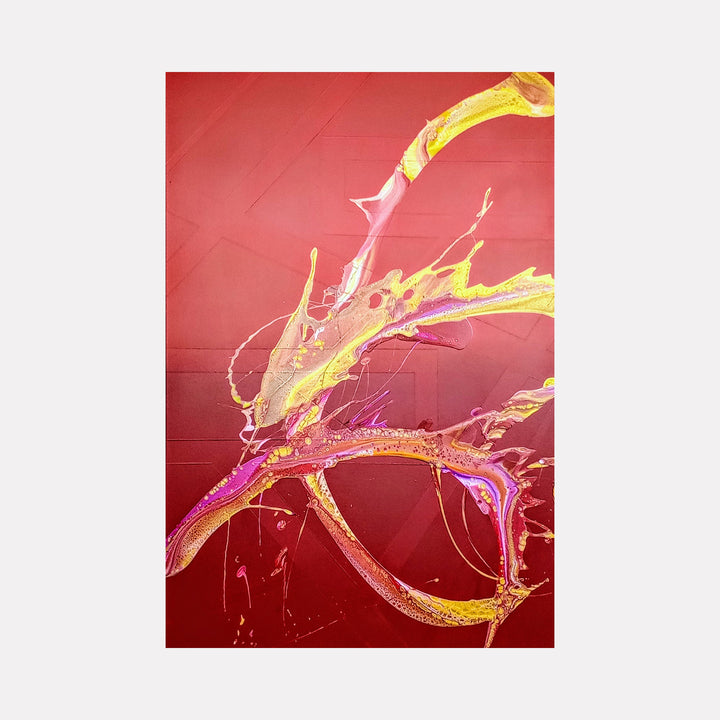 The artwork 'Dragon at Dusk' by Nicholas Franklin features dynamic swirls of vibrant yellow, pink, and orange paint creating fluid, dragon-like forms against a deep red background. The acrylic painting showcases energetic brushstrokes and splatter techniques, giving the impression of a mythical creature in motion through a sunset sky.