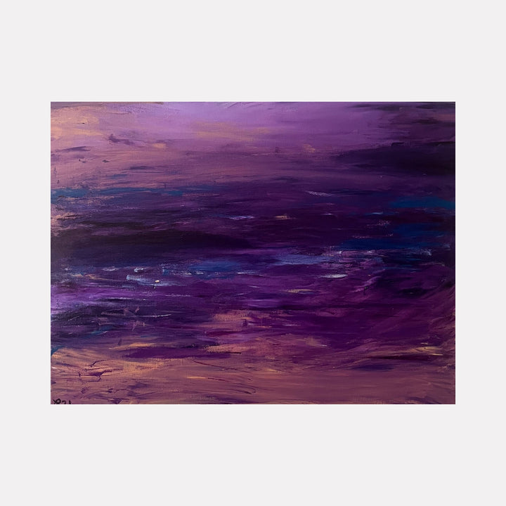 The artwork "Dreamy" by Kim Rosebud features an abstract blend of deep purples, blues, and soft pinks with textured brushstrokes that create a sense of fluid motion and ethereal atmosphere. The smooth gradients and layered colors evoke a dreamy, tranquil mood. Dreamy by Kim Rosebud.