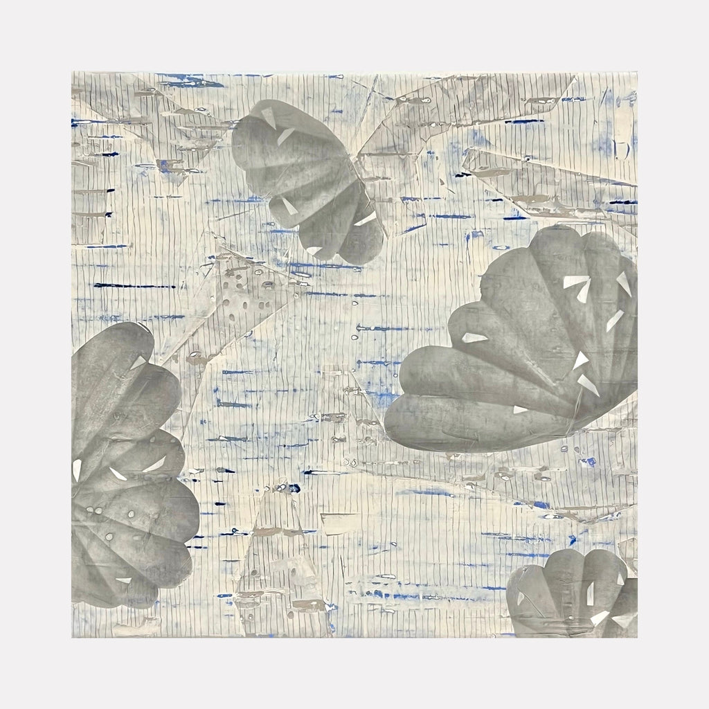 The artwork "Drift & Desire" by Shira Toren features delicate, translucent gray leaves layered over a textured background of soft beige and subtle blue streaks. The composition blends organic shapes with fine linear patterns, evoking the minimalist abstraction and atmospheric subtlety seen in works by Agnes Martin and Hiroshi Sugimoto.