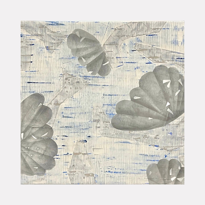 The artwork "Drift & Desire" by Shira Toren features delicate, translucent gray leaves layered over a textured background of soft beige and subtle blue streaks. The composition blends organic shapes with fine linear patterns, evoking the minimalist abstraction and atmospheric subtlety seen in works by Agnes Martin and Hiroshi Sugimoto.