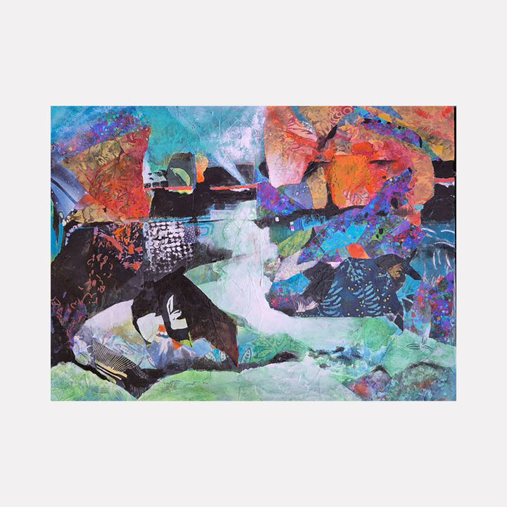 The artwork "Drift Road" by James Ehling features an abstract landscape with layered shapes in vibrant blues, greens, oranges, and purples. The textured composition combines organic forms and bold, contrasting colors, evoking the fluid abstraction of Helen Frankenthaler and the dynamic collage style of Romare Bearden.