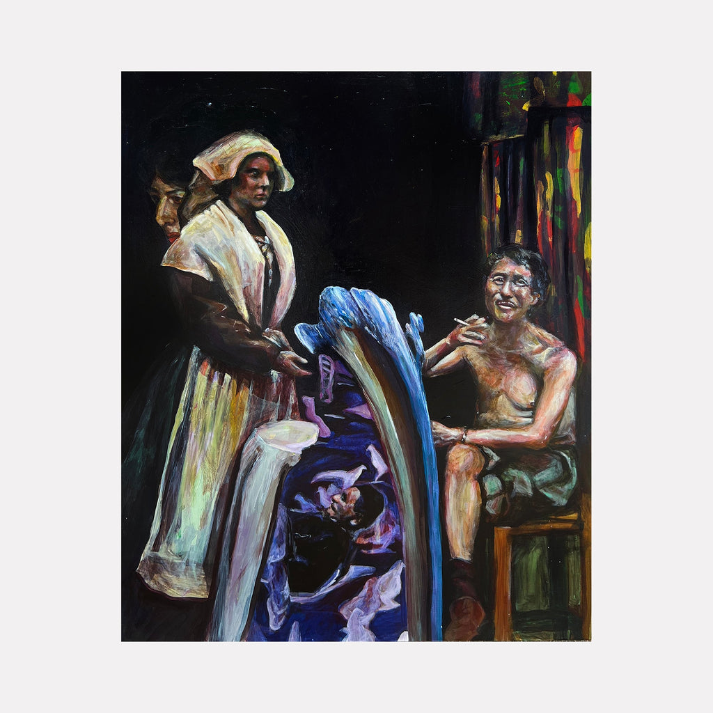 The artwork "Dropping the Jar (Archival Memory 16)" by Griffin Cordell features a dark, intimate scene with a standing figure in historical attire alongside a seated, partially nude figure in muted earth tones. Rich textures and fluid brushstrokes create a dramatic interplay of light and shadow, evoking narrative depth reminiscent of the chiaroscuro and emotional intensity found in works by Caravaggio and Käthe Kollwitz.