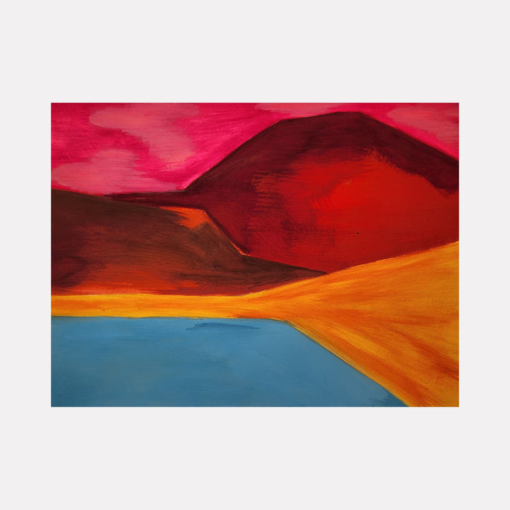 The artwork 'Drover' features bold abstract landscape forms with vibrant contrasting colors - deep crimson mountains against a magenta sky, warm orange rolling plains meeting a striking turquoise blue water body. Created with acrylic gouache on cotton paper by Joanie Flickinger.