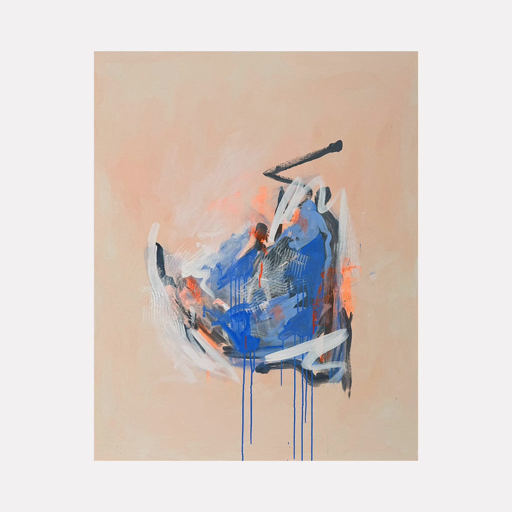 The artwork "Electric Saturday" by Adele Marchant features abstract shapes and brushstrokes in vibrant blue, black, white, and hints of orange set against a soft beige background. The composition evokes a style reminiscent of Franz Kline and Willem de Kooning with expressive, dynamic textures and fluid drips, creating a modern abstract expressionist feel.