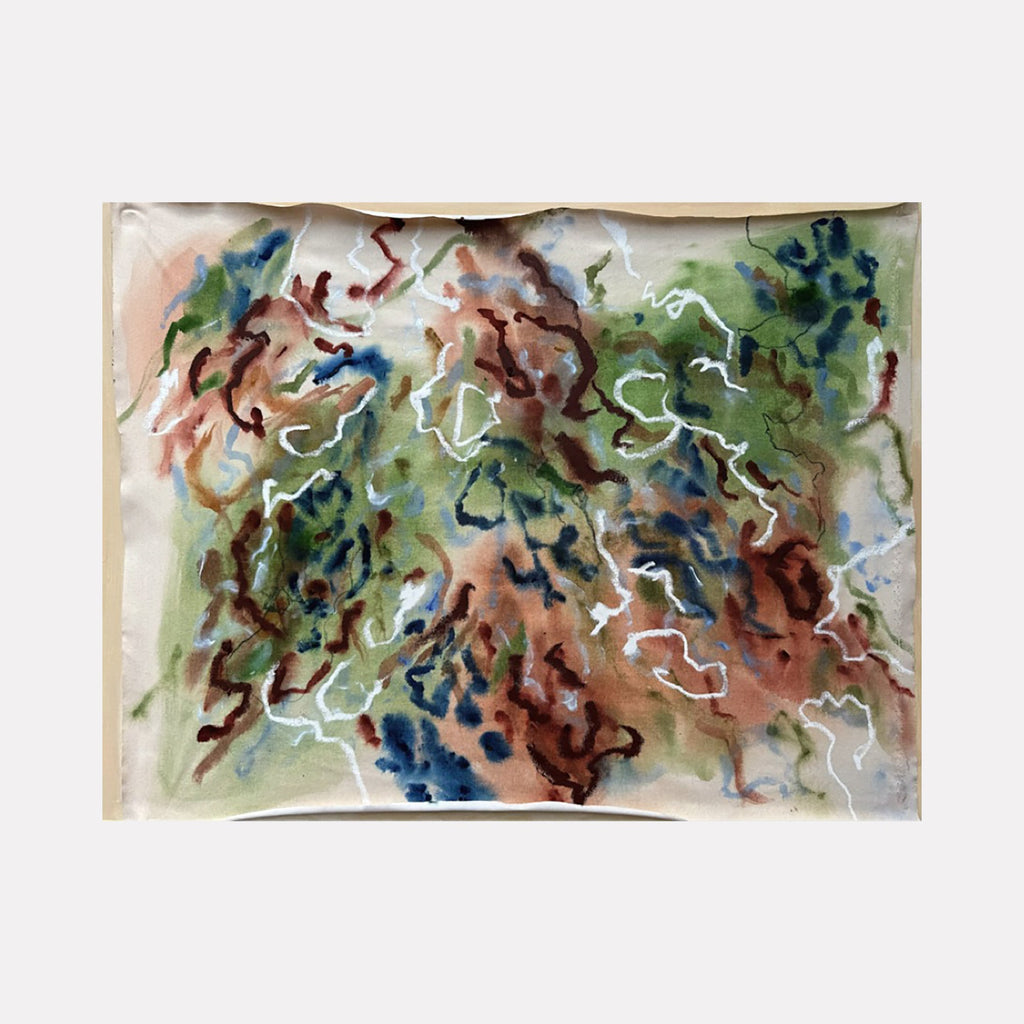 The artwork "Ends and Beginnings" by Adele Marchant features an abstract composition with fluid, organic shapes in earthy tones of green, brown, and blue, accented by delicate white lines. The style is reminiscent of abstract expressionists like Helen Frankenthaler and Joan Mitchell, blending softness with dynamic brushstrokes on textured material.